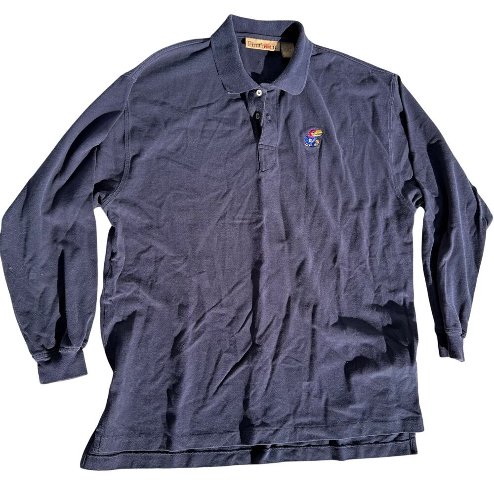 VTG KU Kansas Jayhawks Firethorn Rugby Style Shirt Mens XL Blue Long Sleeve Polo